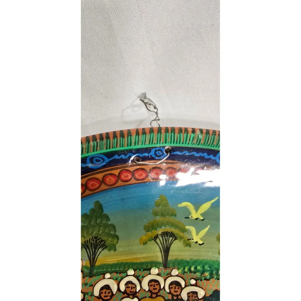 Vtg Mexican family storyteller fish‎ terracotta wall art hand painted plate